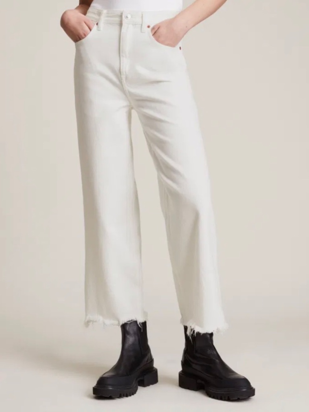 AllSaints Jean White Raw Hem Straight-Leg barrel size 28 cropped